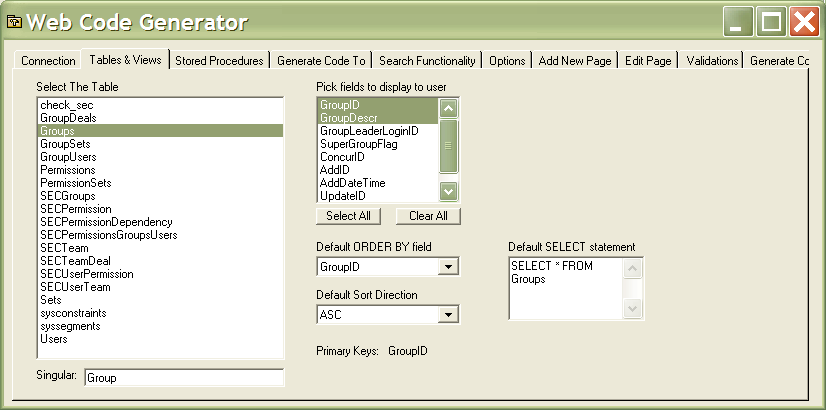 After connecting to the database, pick the table to work with