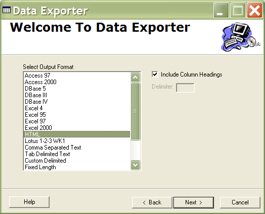 This screen lists available export formats