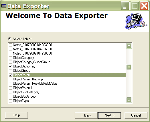 On this screen Users select the tables to export