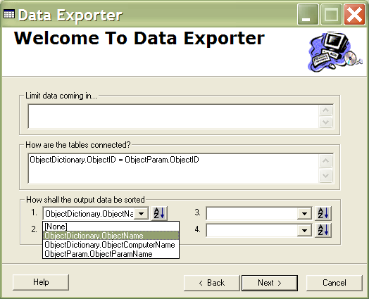 This screen allows for export details such as sorting to be set up