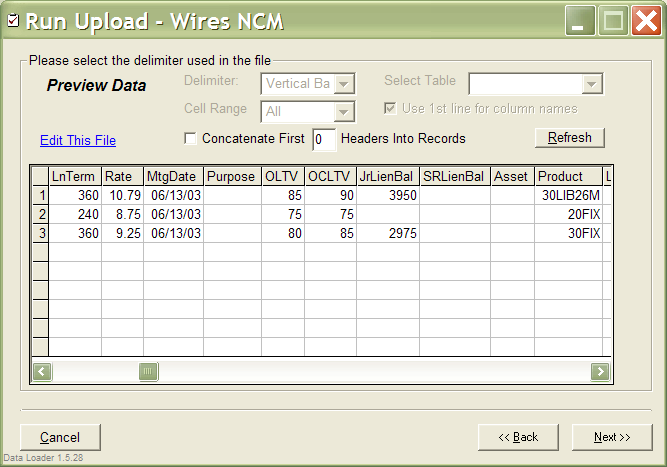 Next a preview of the data source is shown with various options