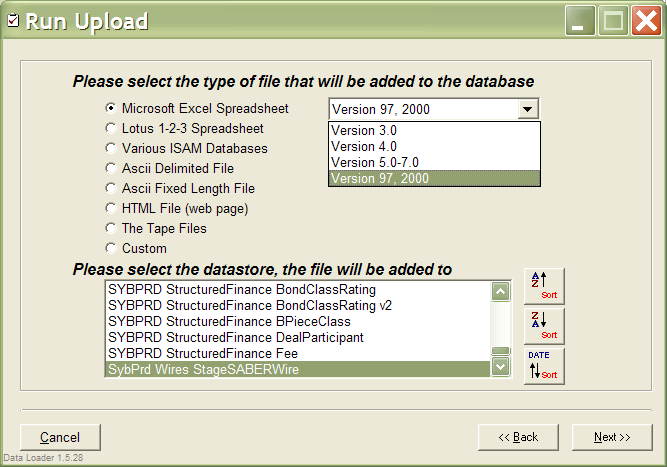 On this screen Users select the source and the target of the data